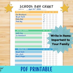 School Day Checklist for Kids | Printable Chore Chart | Kids Responsibility Chart | Before School, After School, Before Bed