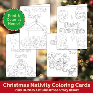 Tarjetas para colorear de la Natividad de Navidad para niños con texto adicional de la Primera Historia de Navidad / Actividad de páginas para colorear de Navidad para la escuela dominical