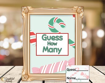 Christmas Guess How Many Game Sign and Game Cards (PDF Download), Guess How Many Candies in the Jar, Candy Guessing Game, Christmas Candy