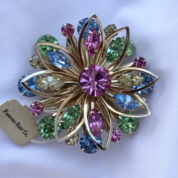 Vintage NOS Famous-Barr Co Costume Gold Tone Rhinestone Floral Brooch Pin