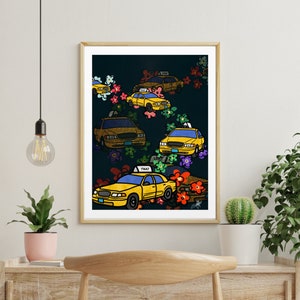 Yellow Taxi Cabs and Flowers Art Poster – New York City Print – Modern Urban Wall Art – NYC Street Scene – Vibrant Cityscape Decor