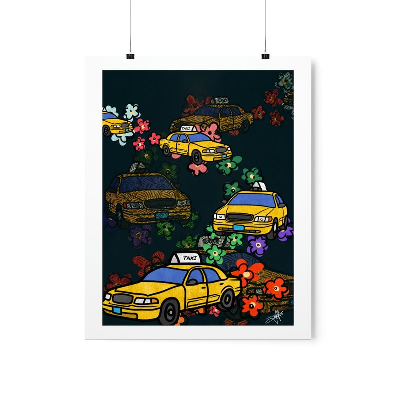 Yellow Taxi Cabs and Flowers Art Poster – New York City Print – Modern ...