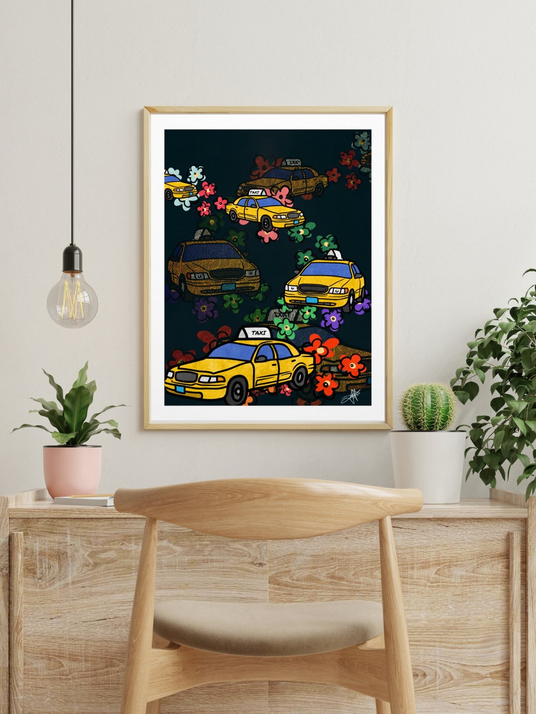 Yellow Taxi Cabs and Flowers Art Poster – New York City Print – Modern ...