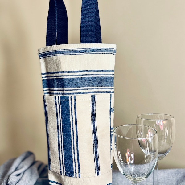 Nautical striped wine tote, gift bag, wine lovers gifts, wedding favor or gift, retiree gift, fun in the sun gifts, Fourth of July gift