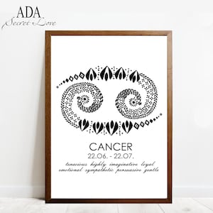 Premium art print featuring the stylized Cancer zodiac sign and its best features in English.
