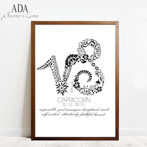 Stampa artistica oroscopo - segno zodiacale Capricorno, arte digitale, bianco e nero; Poster premium su carta semiopaca