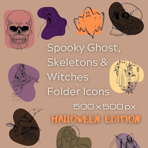 Puede incluir: Un conjunto de 10 iconos de carpeta de Halloween con fantasmas espeluznantes, esqueletos y brujas. Los iconos son de 500 x 500 píxeles y están en un estilo de arte de línea en blanco y negro.