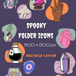 Puede incluir: Un conjunto de 12 iconos de carpeta de Halloween espeluznantes, cada uno de 500 x 500 píxeles. Los iconos incluyen un fantasma, un cristal, una botella de poción, un corazón, una mano con un ojo, una carta de tarot, una bola de cristal y más.