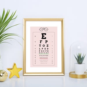 Eye Chart Poster Minimal Light Artwork Print Vintage Eye Doctor Picture Pink Background Black Lines Simple Neutral Colors Eye Test
