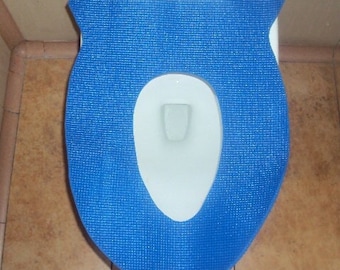 May include: A blue toilet seat cover with a textured surface. The cover is designed to fit over a standard toilet seat.