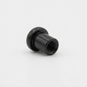 May include: A black metal fastener featuring a smooth, rounded head and a cylindrical body with internal threading. The component is designed with a flat, circular base that transitions into a narrower, threaded shaft, showing a matte finish.