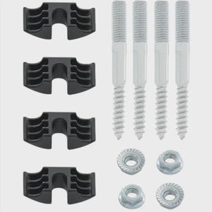 May include: An overhead shot shows a hardware kit with black plastic brackets, silver screws, and nuts. The kit includes four black brackets, four screws, and four nuts. The components are arranged against a light gray background.