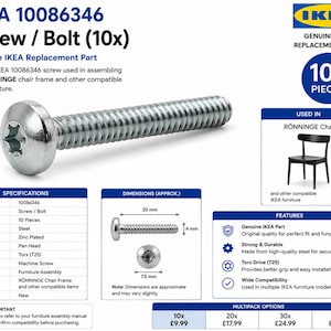 May include: A silver-colored IKEA 10086346 pan head machine screw with a Torx T25 drive. This genuine replacement part is made of zinc-plated steel. The screw measures 20 mm in length, 4 mm in diameter, and has a 7.5 mm head diameter.