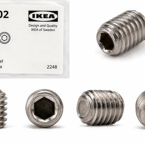 May include: A set of six stainless steel M5x8 grub screws with a 2.5 mm hex socket drive. The packaging is labelled 156602, 6x, M5x8, HEX 2,5, Stainless steel, Made in China, and features the IKEA logo and Design and Quality IKEA of Sweden text.