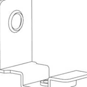 May include: A white L-shaped metal bracket featuring a vertical panel with a circular mounting hole and a horizontal base section that includes a smaller, secondary circular opening for attachment purposes, rendered in a clean line drawing style.