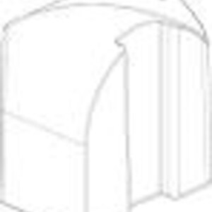 Peut inclure: Un dessin au trait blanc représentant une structure haute et rectangulaire avec une partie supérieure incurvée. Le design présente une ouverture verticale sur le côté droit et une ligne horizontale divisant la partie inférieure, en contour simple.