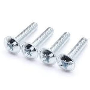 May include: Four silver-colored metal machine screws arranged in a row. Each screw features a rounded, dome-shaped head with a recessed cross-shaped Phillips drive slot and a threaded cylindrical shank extending from the base of the head.