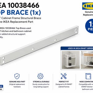 May include: A white IKEA 10038466 top brace for ENHET cabinet frames. This structural metal component features a long, narrow rectangular shape with pre-drilled circular holes at both ends and along the center for mounting and stability.