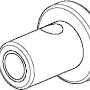 Könnte beinhalten: Ein zylindrisches Metallbauteil mit einem breiten, flachen kreisförmigen Flansch an einem Ende und einer hohlen Mitte. Die Außenfläche ist glatt und weist eine kleine, oval geformte Vertiefung oder ein Loch an der Seite des Hauptkörpers auf.