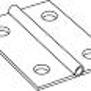May include: A black and white line drawing of a rectangular metal hinge. The hinge features two flat plates connected by a central cylindrical barrel, with two circular screw holes visible on each of the two rectangular metal plates.