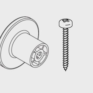 Pode incluir: Desenho linear de um puxador de armário e um parafuso. O puxador tem uma base circular e um corpo cilíndrico com uma extremidade estampada. O parafuso tem uma cabeça redonda com um design ranhurado e uma haste roscada.