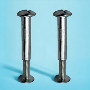 May include: Two silver metal bolts with a hexagonal head and a threaded shaft. The bolts are approximately 2 inches long.