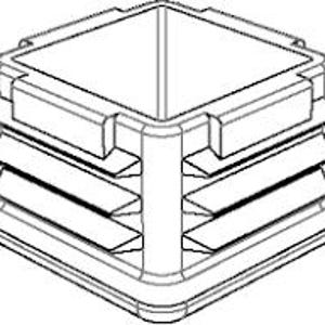 May include: A black square plastic end cap featuring a hollow centre and a series of three horizontal ribbed fins on each side designed for a secure fit. The component has a flat top edge and a wider base flange for stability and protection.