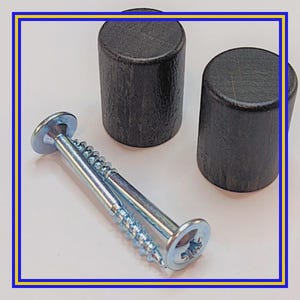 Könnte beinhalten: Zwei dunkelbraune Holzdübel und zwei silberne Schrauben mit flachen Köpfen werden vor einem weißen Hintergrund gezeigt. Die Dübel sind zylindrisch. Die Schrauben haben einen Kreuzschlitz.