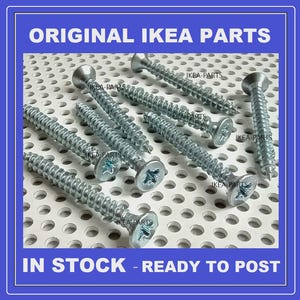 May include: A collection of silver-colored screws with Phillips head, arranged on a perforated surface. The text "ORIGINAL IKEA PARTS" and "IKEA-PARTS" are visible. The bottom of the image reads "IN STOCK - READY TO POST".