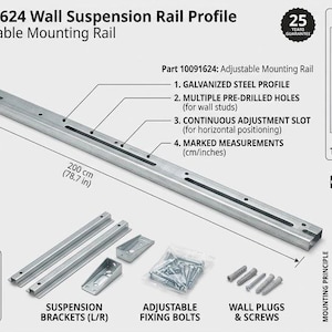 May include: IKEA 10091624 wall suspension rail profile, an adjustable mounting rail measuring 200 cm (78.7 in). Includes a galvanized steel profile with pre-drilled holes, a continuous adjustment slot, suspension brackets, fixing bolts, and wall plugs.