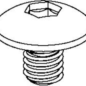 May include: A black and white line drawing of a button head screw featuring a circular top with a hexagonal socket drive and a threaded cylindrical shank. The illustration clearly depicts the mechanical fastener design with clean outlines.