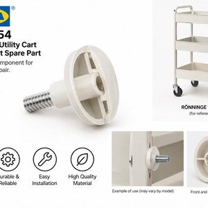 May include: A beige plastic replacement knob with a threaded metal bolt for an IKEA RÖNNINGE utility cart. The component features a circular head with internal structural ribs and a silver-colored screw, shown alongside a three-tier cart.