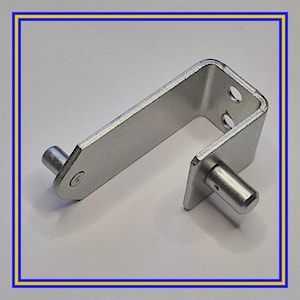 May include: A silver-colored, right-angled metal bracket with two cylindrical pins and two drilled holes. The bracket is designed for structural support and features a clean, industrial aesthetic. The image is framed with a blue and yellow border.