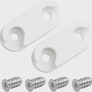 May include: Two white plastic mounting brackets with rounded ends and a central hole, plus four silver screws. The brackets have a unique design with a recessed area near one end. Hardware for furniture or home projects.
