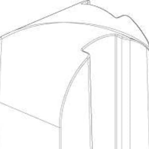 May include: A black and white line drawing of a vertical object with a curved top edge and a recessed side panel. The design features clean, sharp outlines defining the geometric structure, with a prominent vertical indentation along the right side.