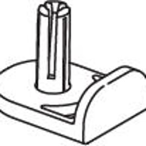 May include: A black and white line drawing of a shelf support peg featuring a flat, rounded base with a vertical, cylindrical post that has a split top. The component is designed for furniture assembly and shelf stabilization in cabinetry.