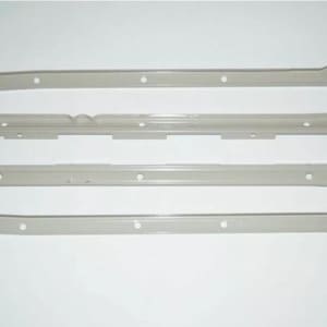 May include: Four light gray metal drawer slides of varying designs are arranged horizontally against a white background. Each slide has multiple holes and some have small wheels at one end. The slides are for furniture.