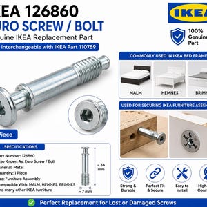 May include: A silver-colored metal IKEA 126860 Euro screw bolt for furniture assembly. The hardware features a flat head with a hexagonal socket and a threaded end. A diagram shows the bolt measures approximately 34 mm in length and 7 mm in width.