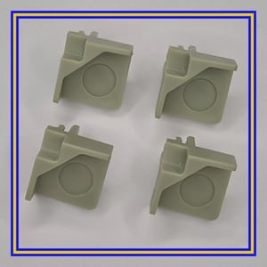 May include: Four light gray plastic corner brackets. Each bracket has a rectangular shape with a circular indentation and a small tab. The brackets are arranged in a square formation against a white background, framed by a blue and yellow border.