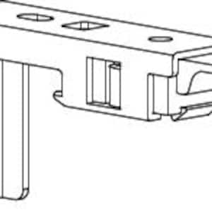 May include: An L-shaped metal mounting bracket featuring a vertical plate with two oval screw holes and a horizontal arm. The horizontal section includes three circular holes, a square opening, and a sliding locking mechanism with a protruding tab.