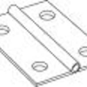 May include: A black and white line drawing of a rectangular metal hinge. The hinge features two flat plates connected by a central cylindrical barrel, with two circular screw holes visible on each of the two rectangular metal plates.