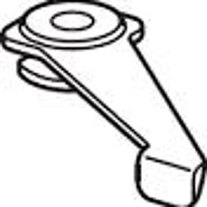 May include: A black and white line drawing of a mechanical lever component. The object features a circular mounting base with a central hole, connected to an elongated, tapered arm that terminates in a rectangular, block-like end piece.