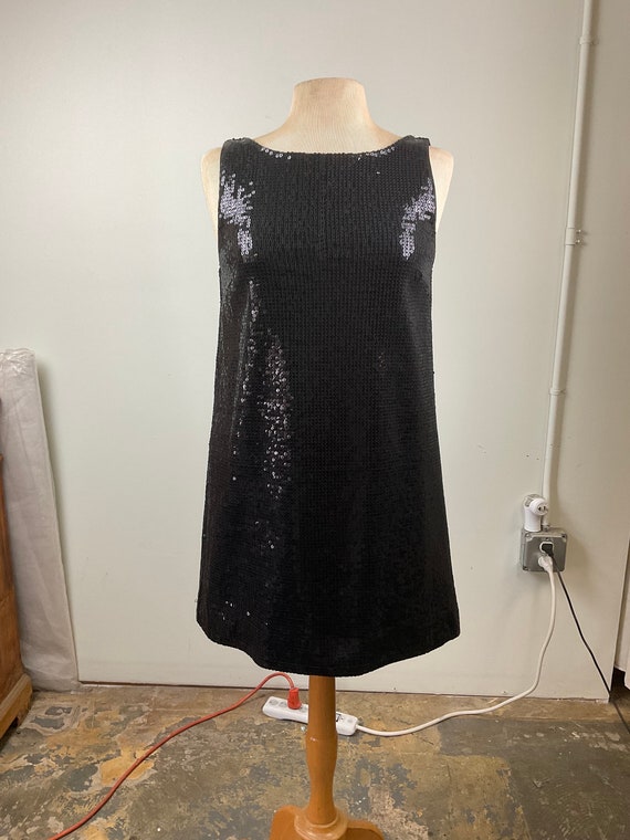 Vintage black sequined lined stretch dress, low ba