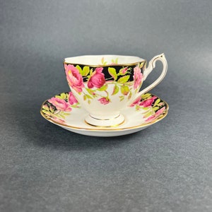 Vintage Teacup and Saucer, Queen Anne “Black Magic” Teacup and Saucer Set, Vintage Floral Bone China England Teacup and Saucer