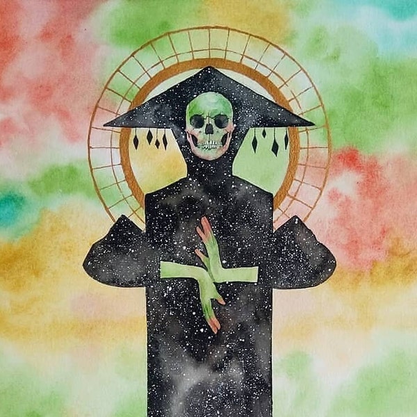 Santa Morte - Original watercolor painting, a unique piece of contemporary surreal horror art.