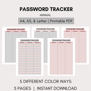 Rastreador de contraseñas 5 formas de color PDF imprimible, Registro de contraseñas, Seguridad, Digital, Rastreador estético, Simple, Objetivos, Rosa, A4, A5, Carta de EE. UU.