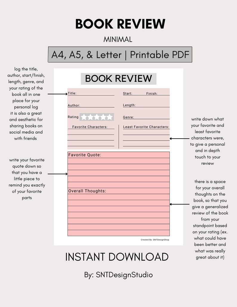 Book Review Template Printable PDF, Reading Tracker, Book Planner ...