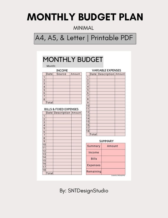 Monthly Budget Planner Printable PDF Finance Planner Monthly - Etsy