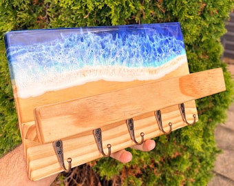 Ocean Resin Key Holder Shelf, Wooden Entryway Organizer, Wall Key Rack with Hooks, Coastal Decor, Small Shelf, Handmade Gift