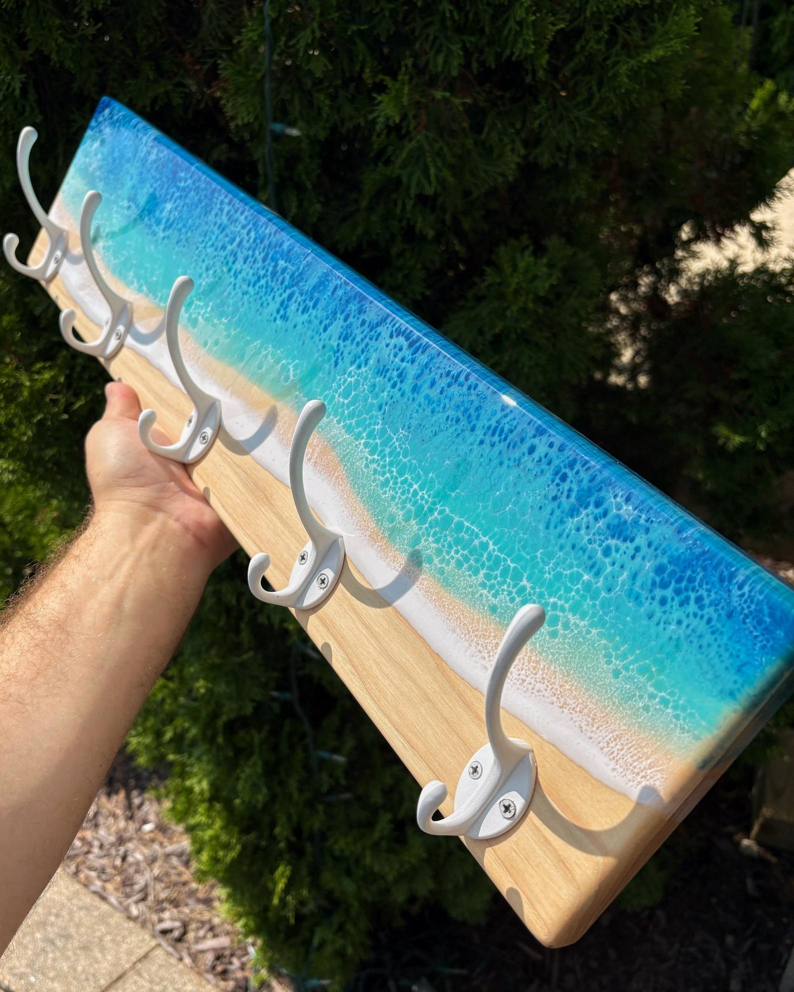 Epoxy Ocean Coat Rack: Handmade Hard Maple Beach Decor W/ White Hooks